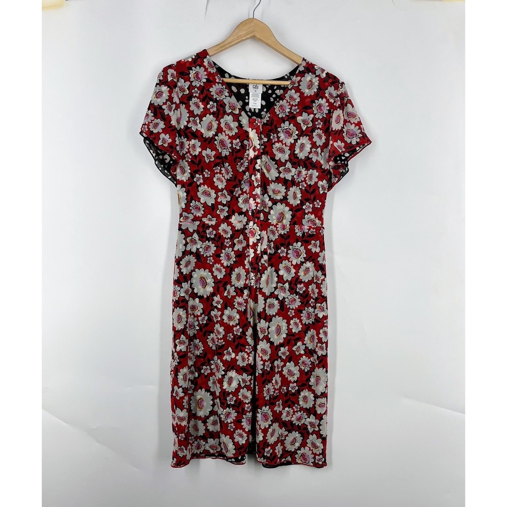 Cabi 5652 Red Floral Button Front Smocked Back Midi Dress Womens Size Medium
